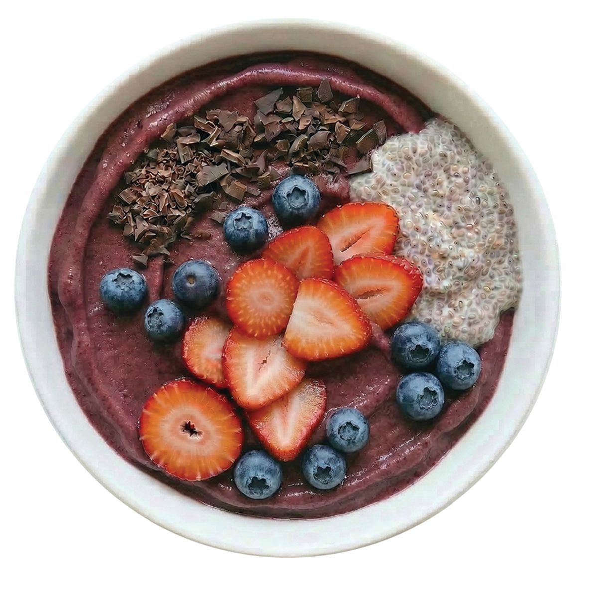 ACAI, STRAWBERRIES, BLUEBERRIES, CHOCOLATE FLAKES, CHIA