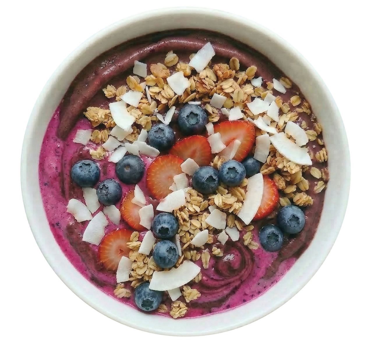 ACAI, PITAYA, BLUEBERRIES, STRAWBERRIES, GRANOLA, COCONUT FLAKES