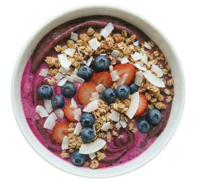 ACAI, PITAYA, BLUEBERRIES, STRAWBERRIES, GRANOLA, COCONUT FLAKES