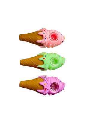 Silicone Ice Cream Handpipe with Glass Bowl | 4.5 inches | Assorted Colors
