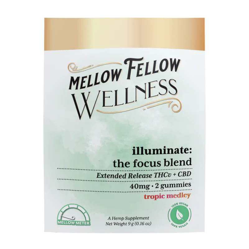 Mellow Fellow Wellness Illuminate: the Focus Blend Extended Release THCv+CBD | 40mg 2 Gummies | Tropic Medley