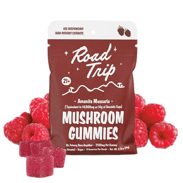 Road Trip Amanita Muscaria Blend Mushroom Gummies Raspberry Flavor 8 Ct