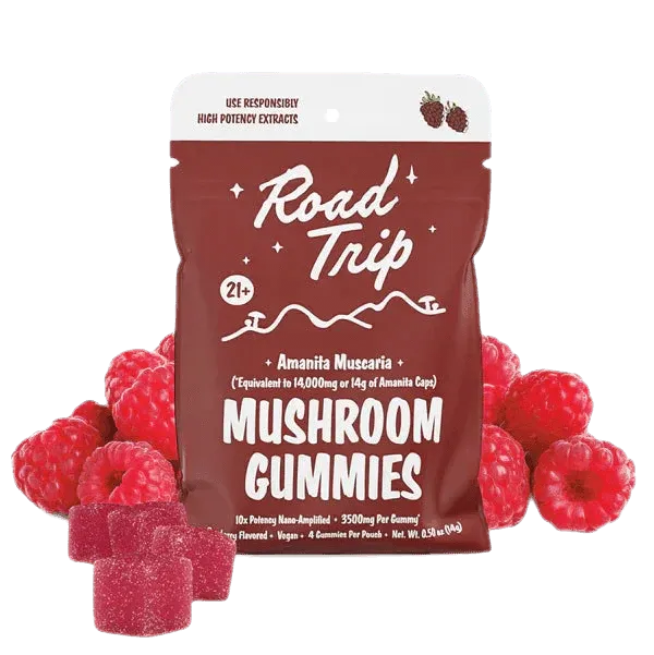 Road Trip Amanita Muscaria Blend Mushroom Gummies Raspberry Flavor 8 Ct