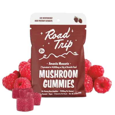 Road Trip Amanita Muscaria Blend Mushroom Gummies Raspberry Flavor 8 Ct