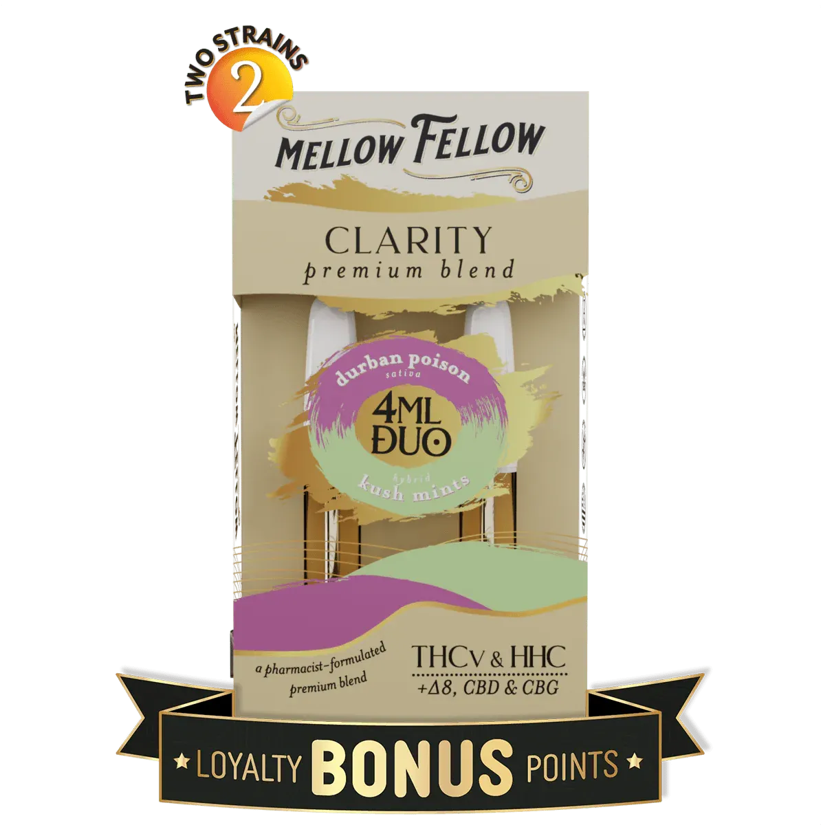 Mellow Fellow Duo Cartridges | 4ml |  ( C L A R I T Y )  Durban Poison &amp; Kush Mints