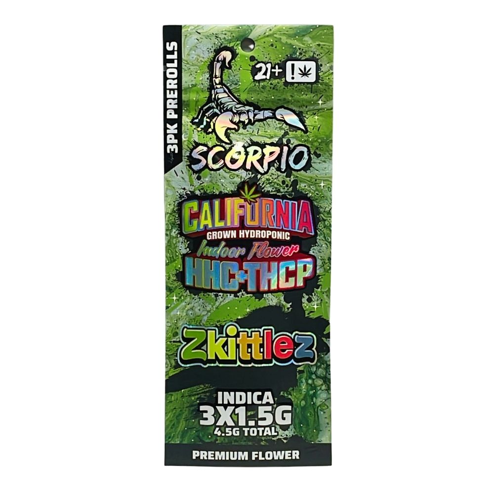Scorpio | Indoor Flower Pre-roll | HHC +THC-P | 3PK, Choose a Strain: Zkittles (Indica)