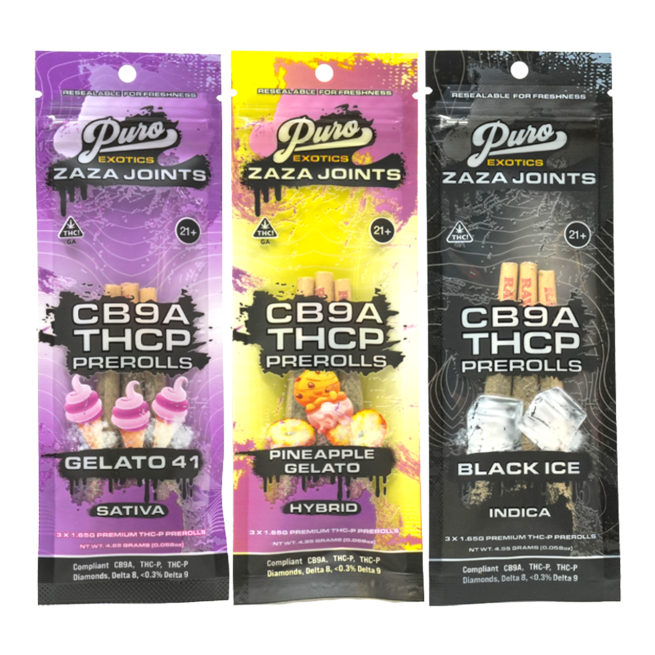 Puro Exotics ZAZA CB9A+THC-P Pre-Rolls | 1.65 Grams x 3 — GELATO 41 (Sativa)
