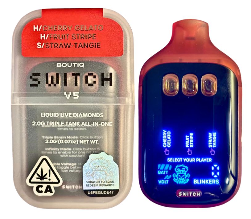 Boutiq Switch V5 - THCP Liquid Live Diamonds Disposable, Choose a Strain: Cherry Gelato (H) / Fruit Stripe (H) / Straw-Tangie (S)