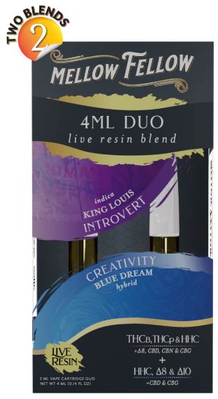 Mellow Fellow 4mL (2x2mL) Duo Live Resin Blend Cartridges, Choose a Strain: King Louis (Indica - Introvert - THCB, THCP, D8, HHC, CBD, CBN, CBG) + Blue Dream (Hybrid - Creativity - HHC, D8, D10, CBD, CBG)