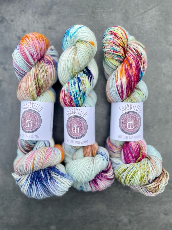 Sockenwolle 4-fach, 100g, Merino extrafine "Fröhliche Farbexplosion"  Specialfärbung