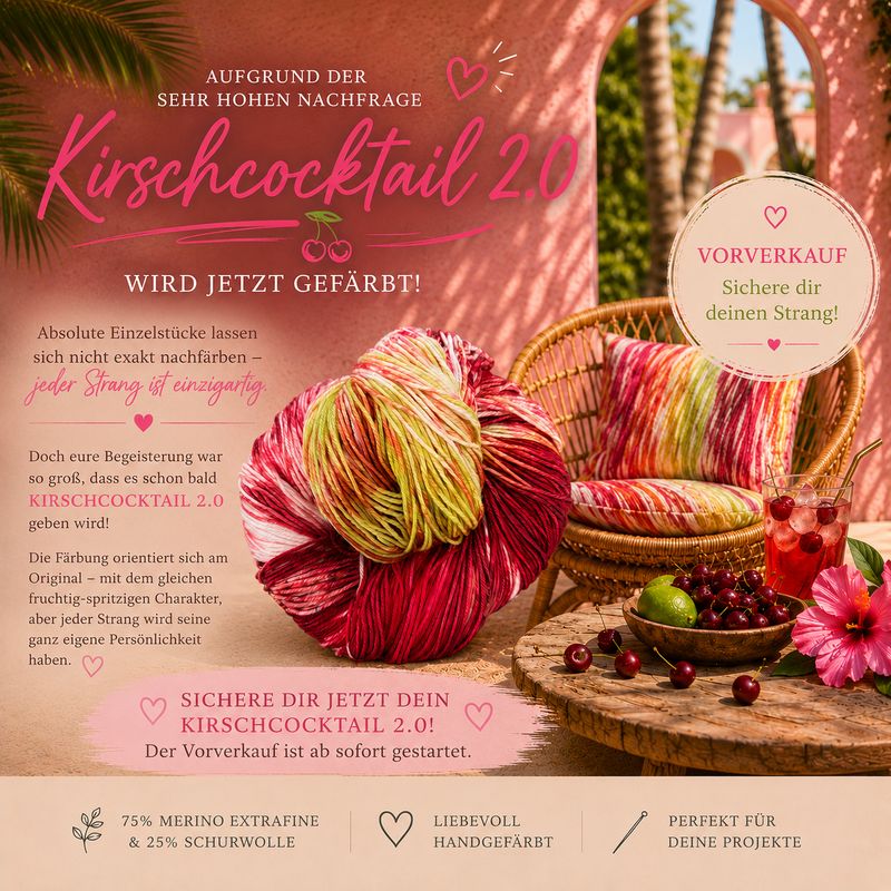 Sockenwolle 4-fach, 100g, Merino extrafine Sockenwolle 4-fach, 100g, Merino extrafine "Kirschcocktail 2.0" VORBESTELLUNG