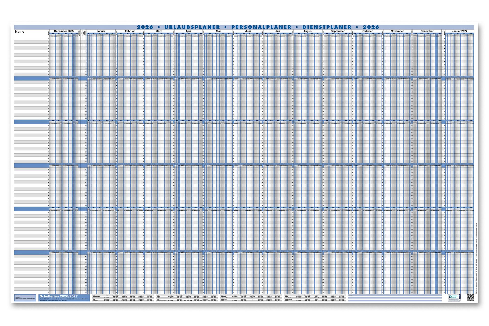 SUPER-SIZE Urlaubsplaner Personalplaner 2026