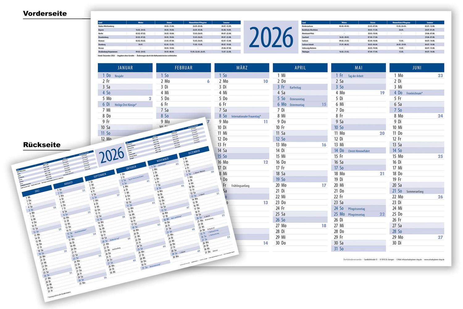 A4 Tischkalender 2026 blau