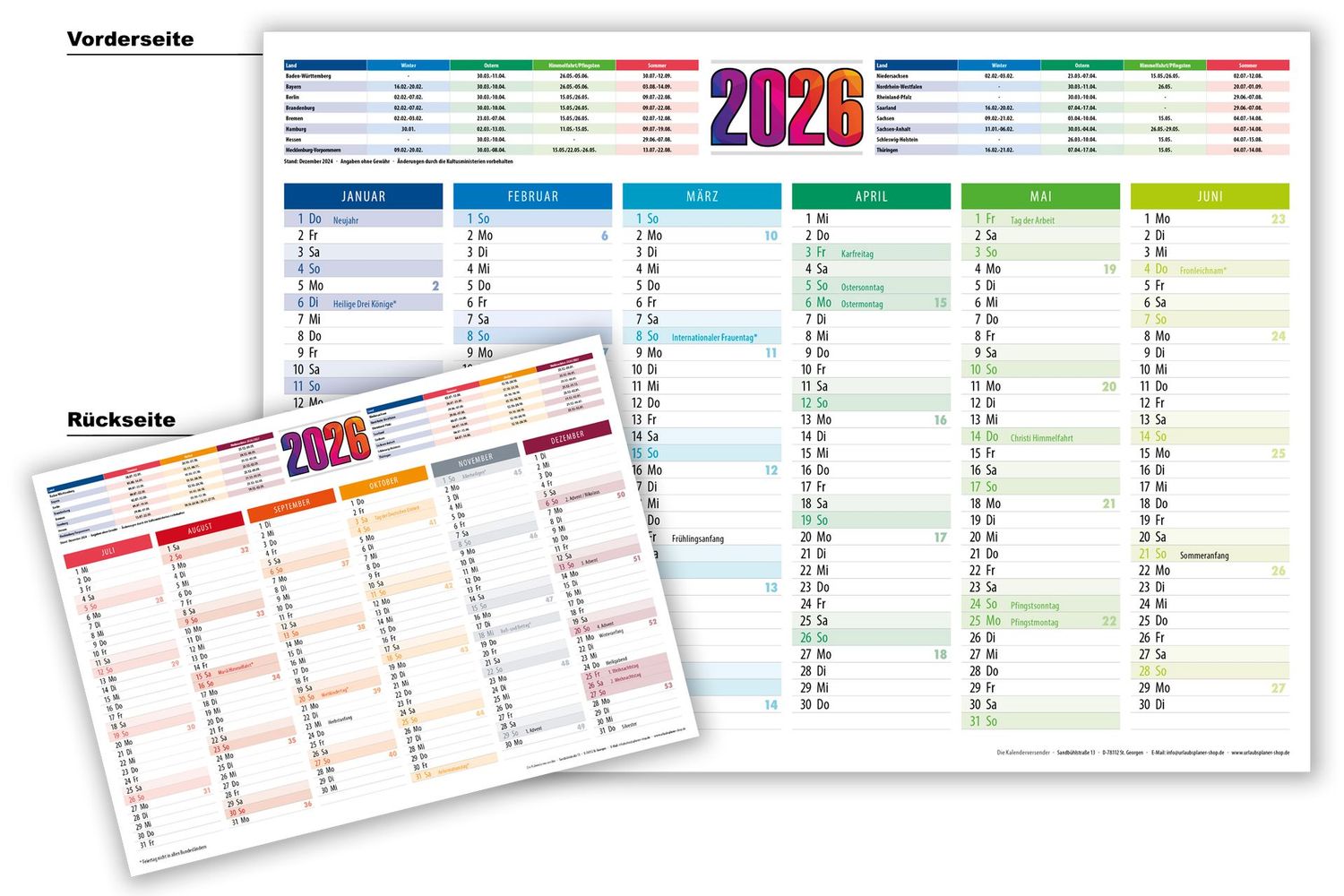 A4 Tischkalender 2026 Multicolor