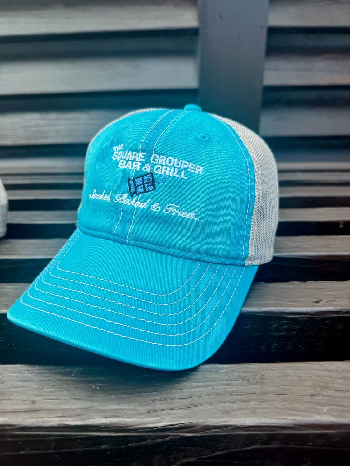 Vintage Washed Cotton Square Grouper Trucker Hat, Colour: Turquoise &amp; Khaki