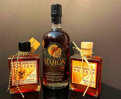 DREAM TEAM im Angebot! 1 Flasche AFFOLDERLOCH Single Malt 200ml und  1 Flasche AFFOLDERLOCH Special Edition "Kurfürst Ruprecht I." zusammen mit 1 Flasche MARON Whiskey-Kastanien-Likör!