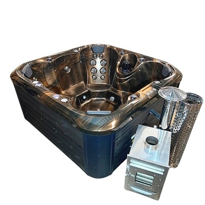 GRANITE Badefass mit EXTERN-Holzofen, Acryl-Einsatz, 200 x 200 cm