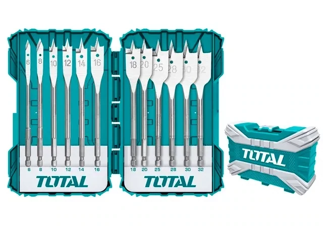 TOTAL 12PCS FLAT WOOD DRILL BITS
SET, SIZE(MM):6,8,10,12,14,16,18,20
,25,28,30,32, LENGTH:152MM