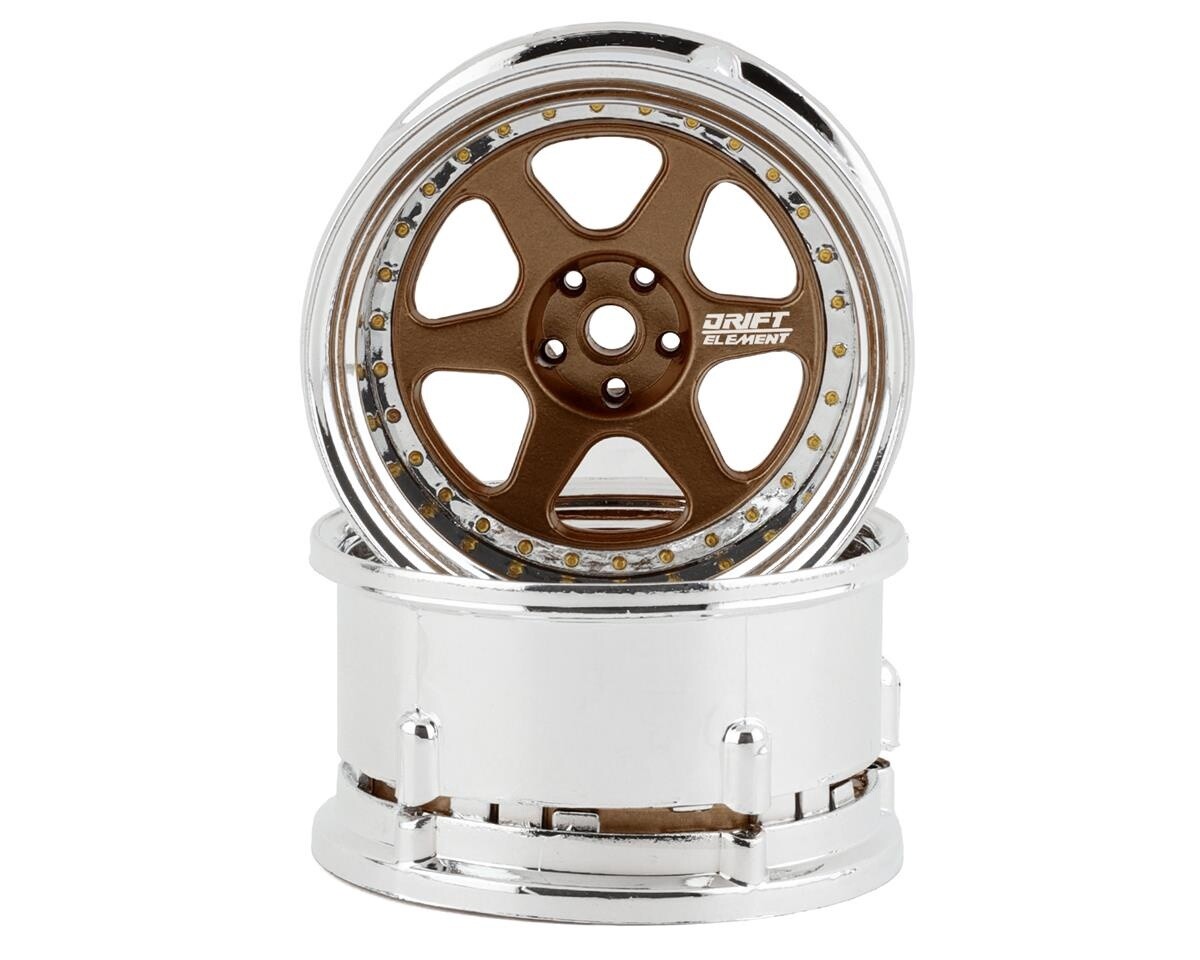 DS Racing Drift Element 6 Spoke Drift Wheels (Bronze &amp; Chrome w/Gold Rivets) (2) (Adjustable Offset) w/12mm Hex
