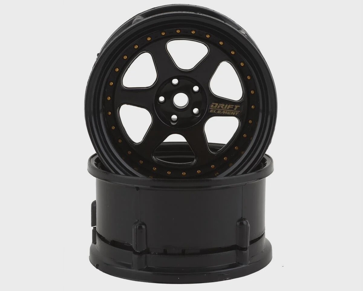 DSC-DE-207 DS Racing Drift Element 6 Spoke Drift Wheels (Triple Black w/Gold Rivets) (2) 12mm Hex