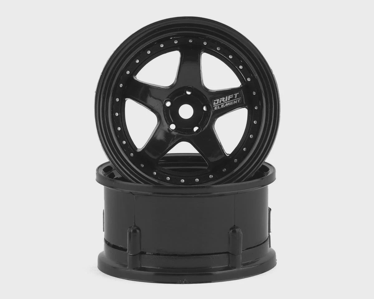 DSC-DE-006 DS Racing Drift Element 5 Spoke Drift Wheels (Triple Black w/Silver Rivets) (2) (Adjustable Offset) w/12mm Hex
