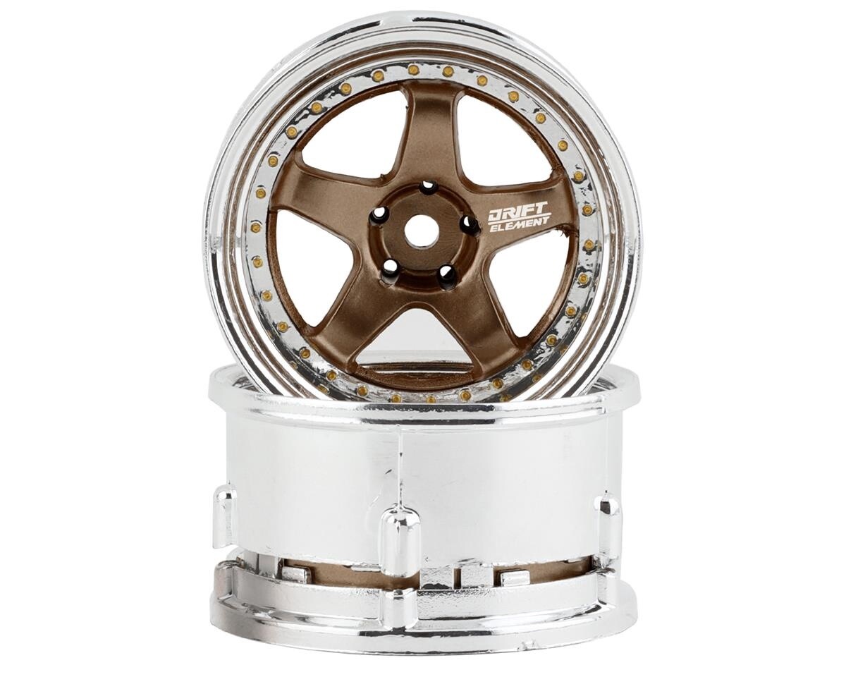 DSC-DE-022 DS Racing Drift Element 5 Spoke Drift Wheels (Bronze &amp; Chrome w/Gold Rivets) (2) (Adjustable Offset) w/12mm Hex