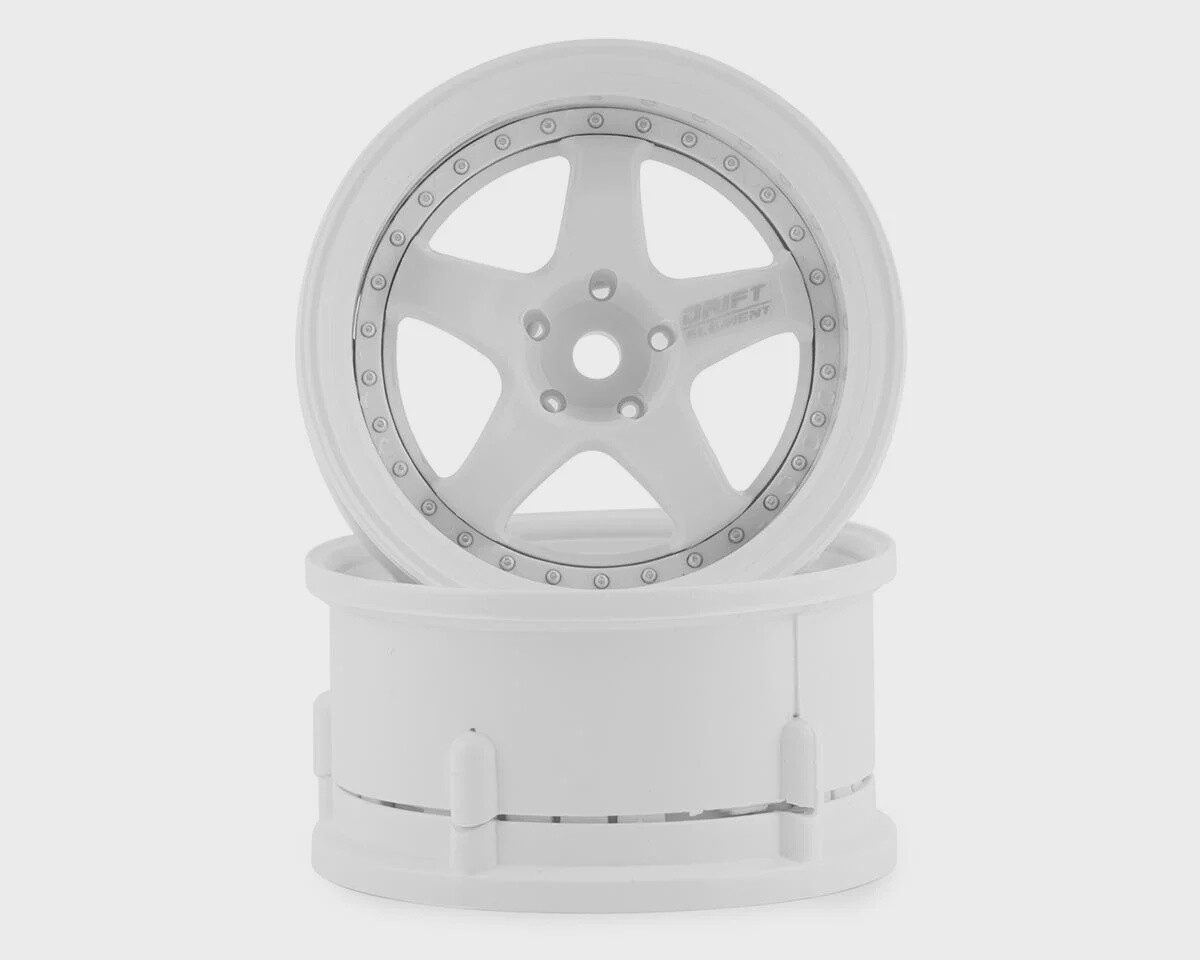 DSC-DE-003 DS Racing Drift Element 5 Spoke Drift Wheels (Triple White w/Silver Rivets) (2) (Adjustable Offset) w/12mm Hex