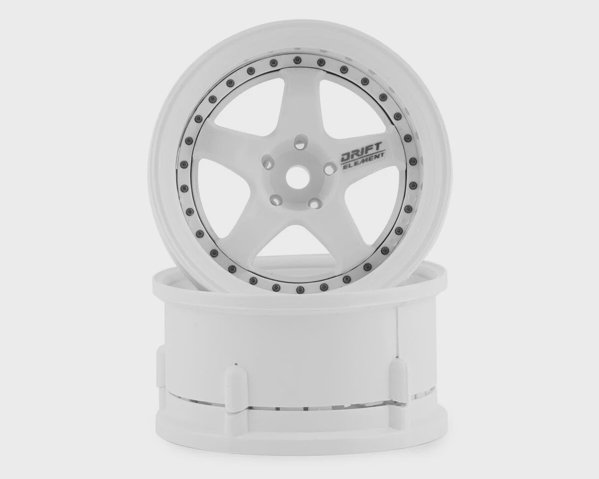 DSC-DE-002 DS Racing Drift Element 5 Spoke Drift Wheels (Triple White w/Black Rivets) (2) (Adjustable Offset) w/12mm Hex