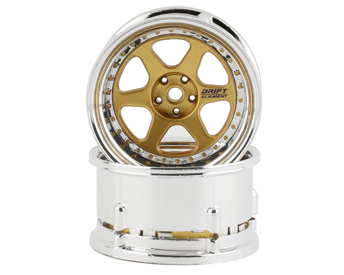 DSC-DE-218 6 Spoke Drift Wheels (Gold &amp; Chrome w/ Gold Rivets) (2)