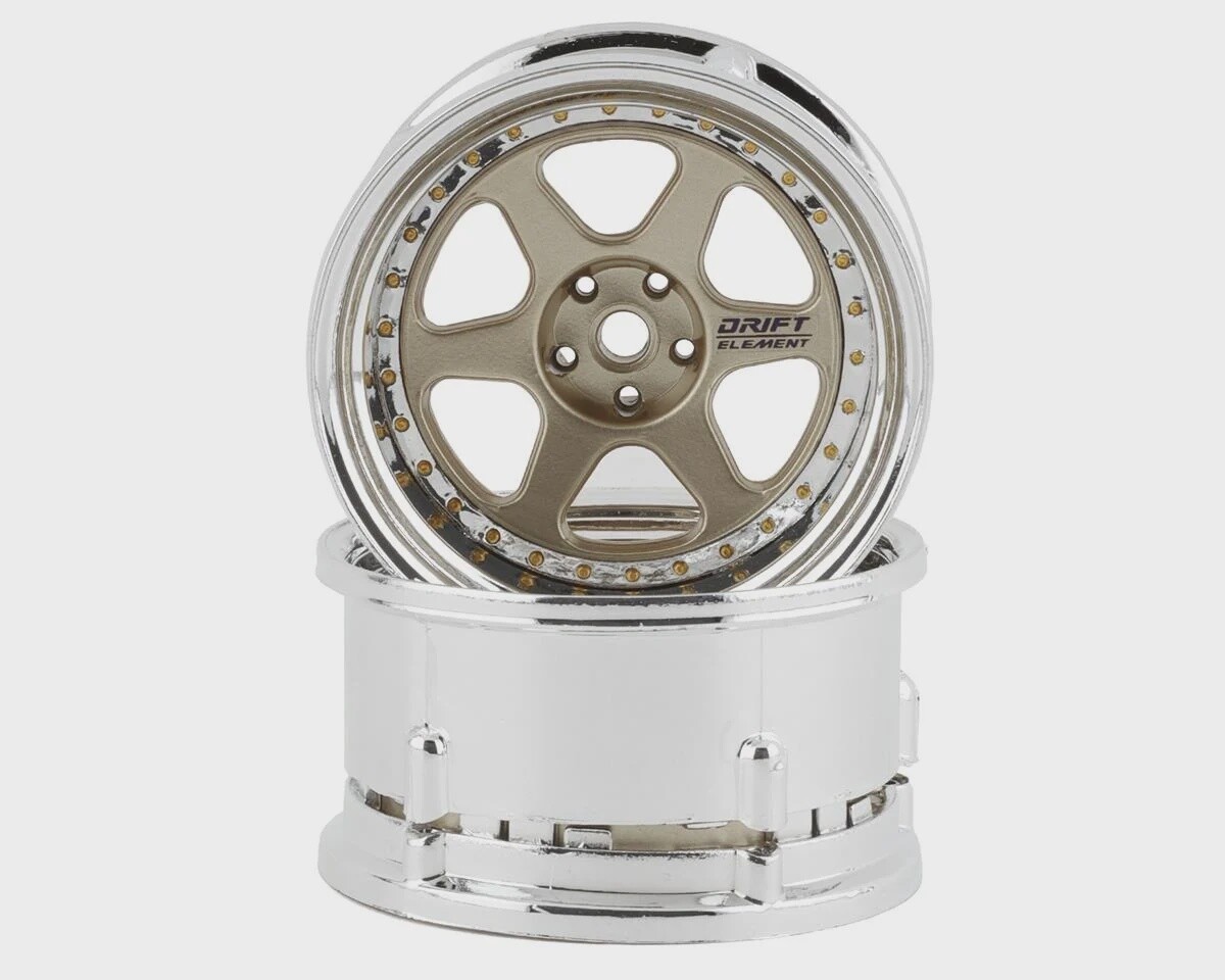 DS Racing Drift Element 6 Spoke Drift Wheels (Gold &amp; Chrome w/Gold Rivets) (2) (Adjustable Offset) w/12mm Hex