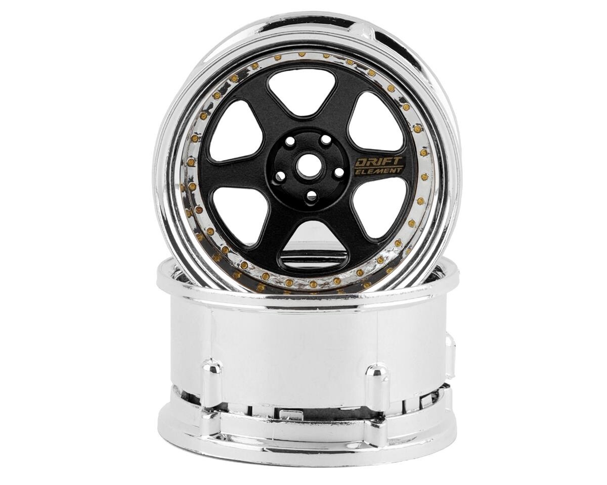 DS Racing Drift Element 6 Spoke Drift Wheels (Black &amp; Chrome w/Gold Rivets) (2) (Adjustable Offset) w/12mm Hex