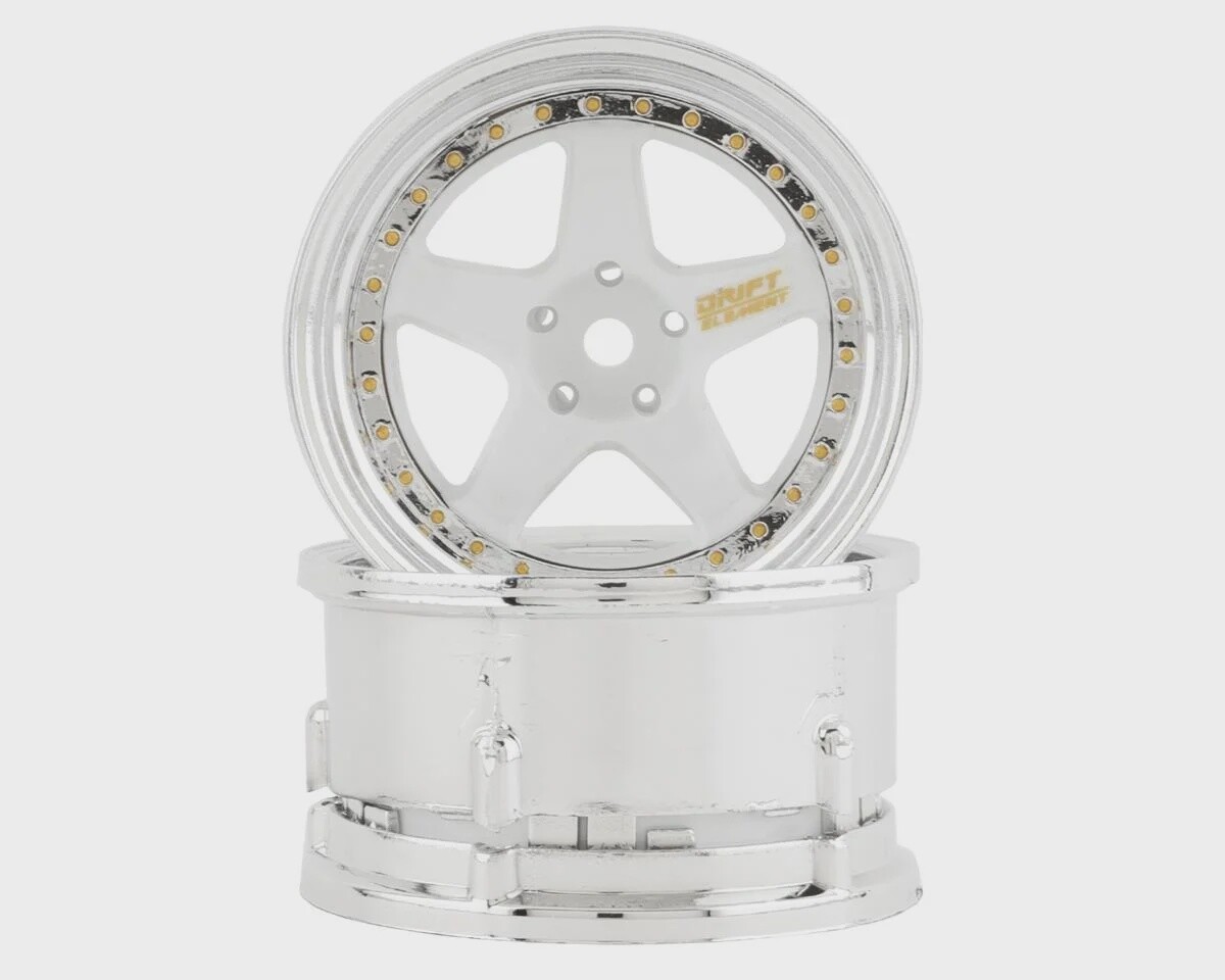 DS Racing Drift Element 5 Spoke Drift Wheels (White &amp; Chrome w/Gold Rivets) (2) (Adjustable Offset) w/12mm Hex