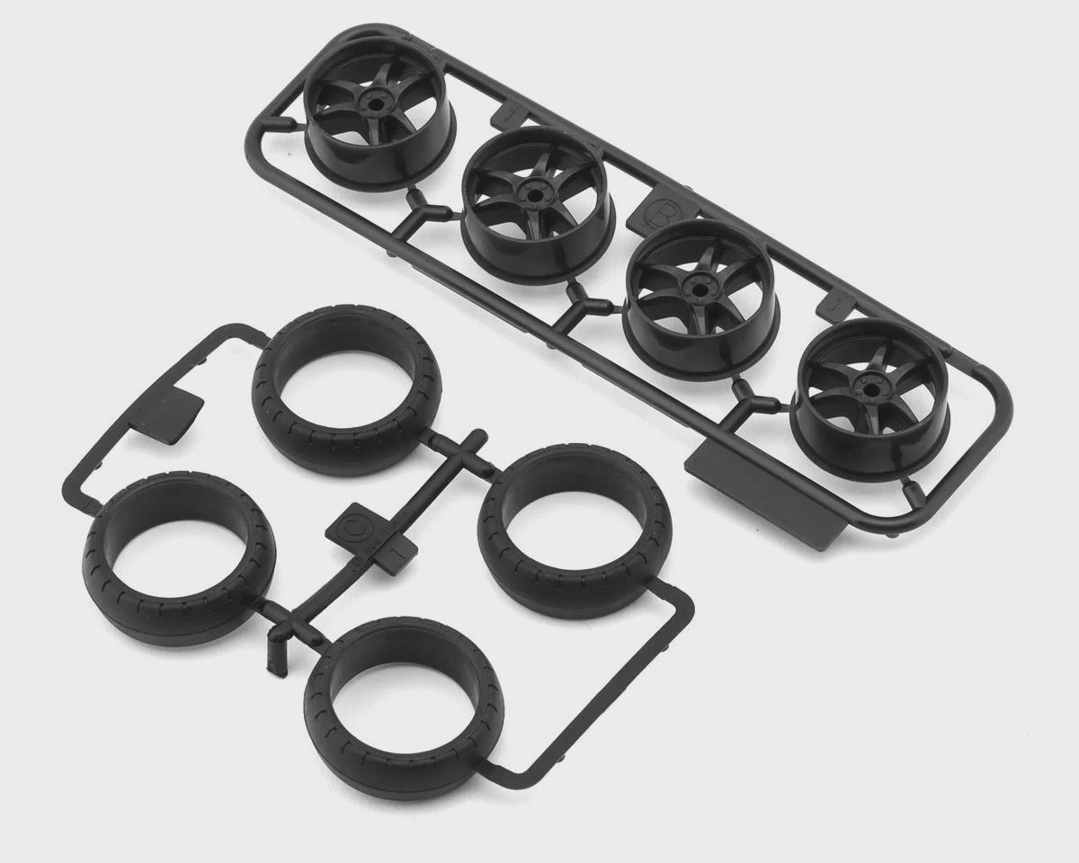 Tamiya Large Diameter Low Friction Arched Tires (4) (31mm) w/Carbon V-spoke Wheels