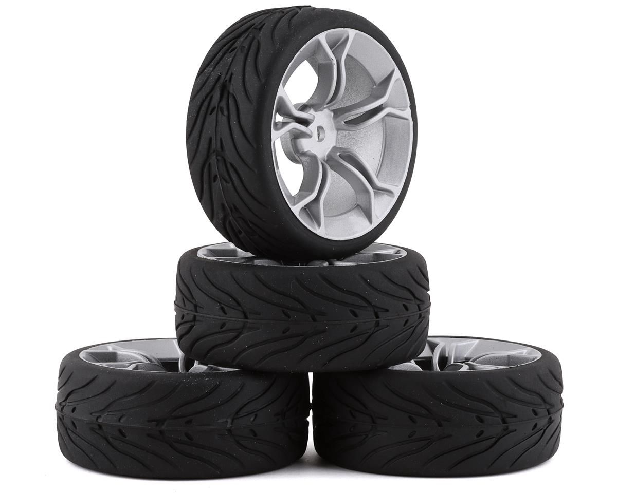 Yeah Racing Spec T Pre-Mounted On-Road Touring Tires w/MS Wheels (Silver) (4) w/12mm Hex &amp; 3mm Offset
