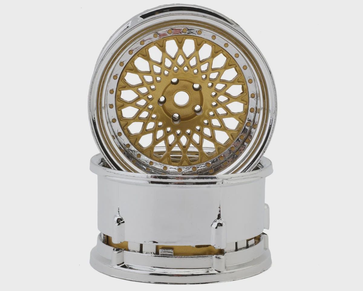 DS Racing Element Mesh 1/10 Drift Wheels (Gold w/Chrome Lip &amp; Gold Rivets) (2) (Adjustable Offset) w/12mm Hex