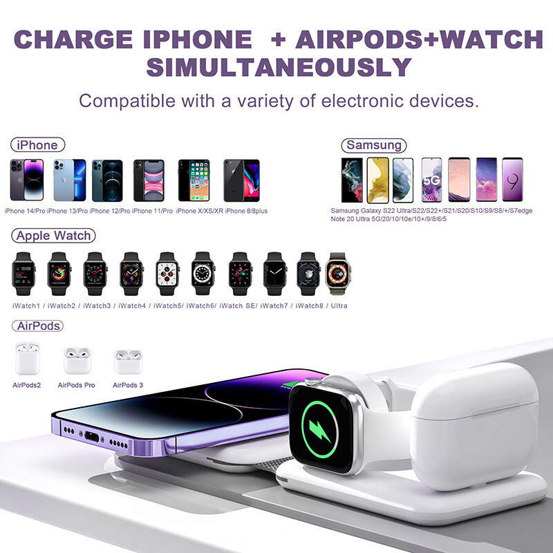 3-in-1 Wireless Charger Magnetic Folding  for Earphones, Mobile, Phone, and Watch 15W Fast Charging (Compatible with Apple iPhones, Google, Samsung Devices, AirPods, BYO Watch Charger)