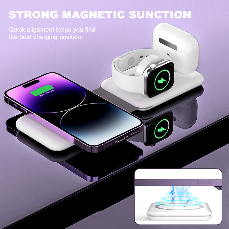 3-in-1 Wireless Charger Magnetic Folding  for Earphones, Mobile, Phone, and Watch 15W Fast Charging (Compatible with Apple iPhones, Google, Samsung Devices, AirPods, BYO Watch Charger)