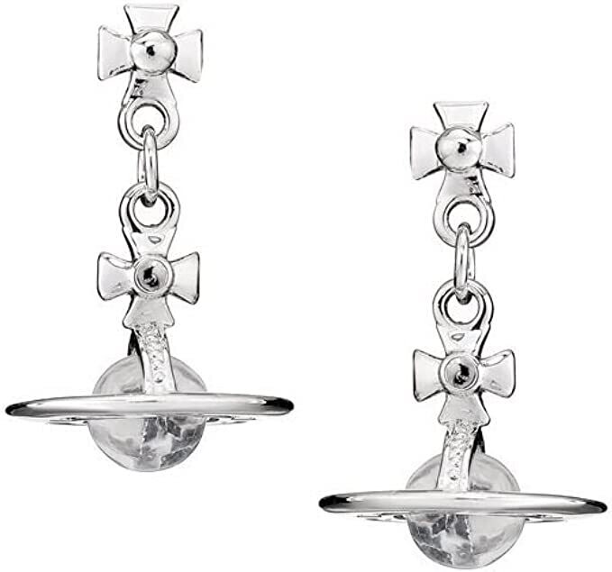 Glass Orb Globe Saturn Planet Silver Cross Top Drop Earrings