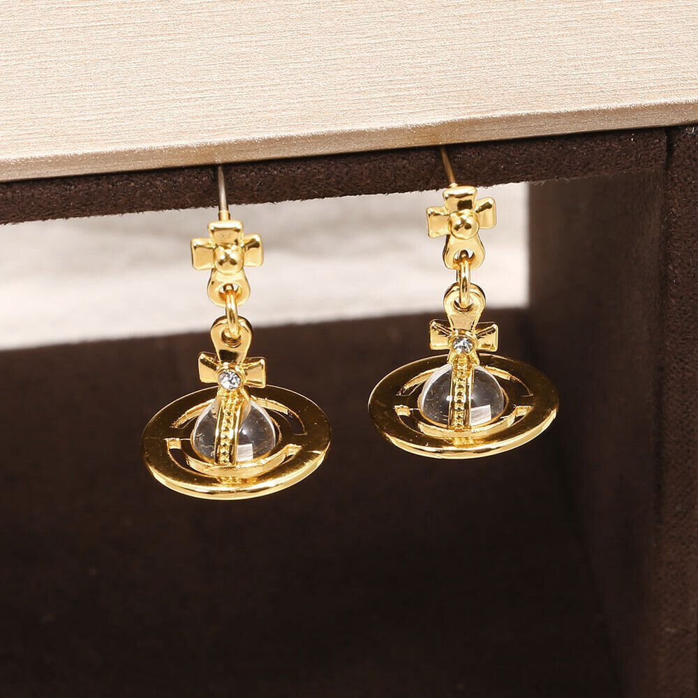 Glass Orb Globe Saturn Planet Gold Cross Top Drop Earrings