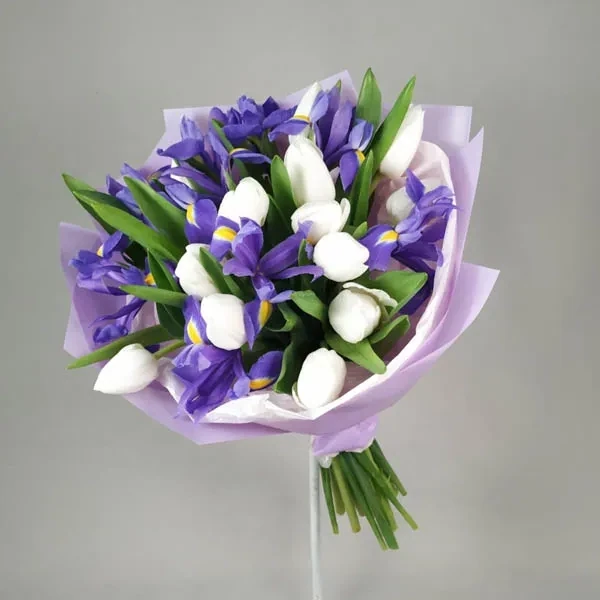 Bouquet of white tulips and irises