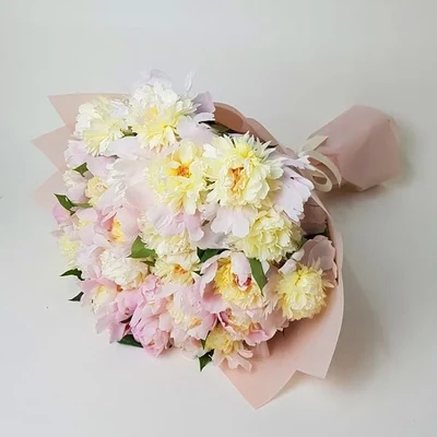 The bouquet is made of white Georgian peonies. The approximate size of the bouquet is 45-55 cm.