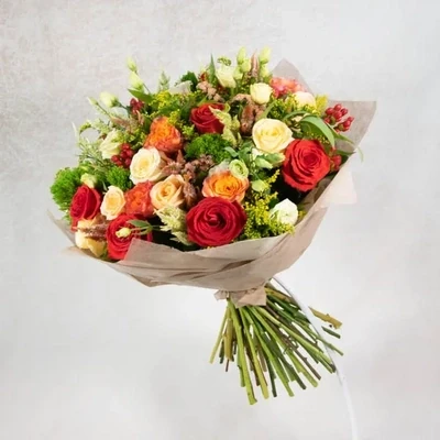 The bouquet is made of roses of different colors.