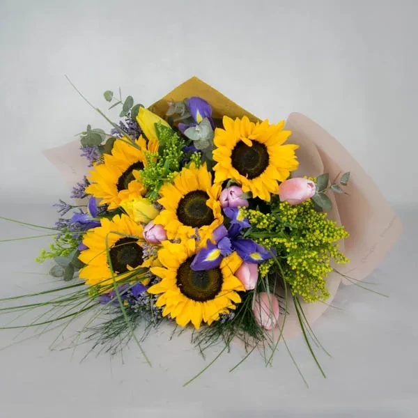 Bouquet with sunflowers and tulips