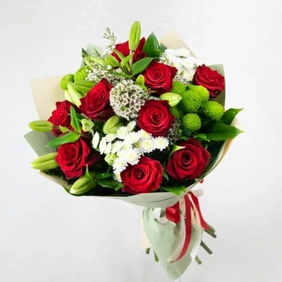 Red roses with white and green flowers