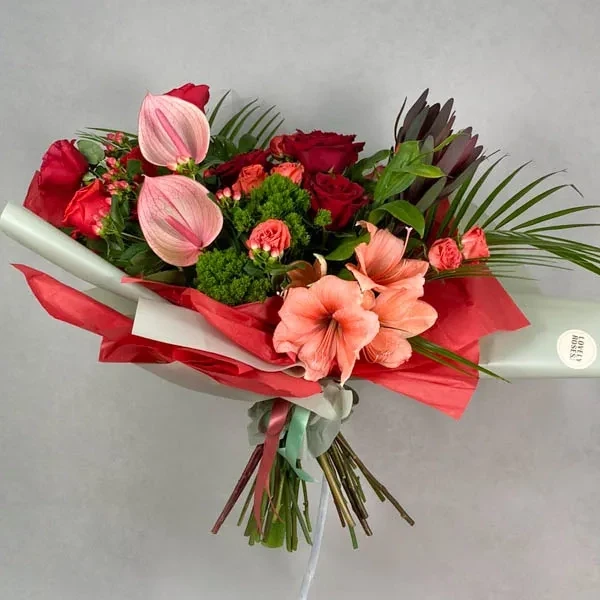 Bouquet with pink anthurium and amaryllis