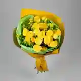 The bouquet is made with yellow spray roses and solidago.