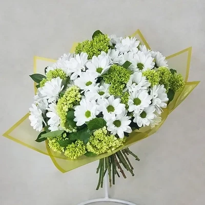 The bouquet is made of white chrysanthemums.