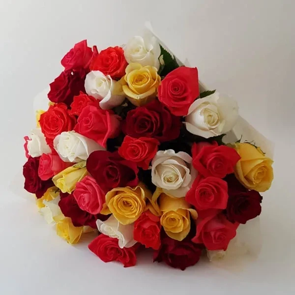 35 different colored roses are used in the bouquet.