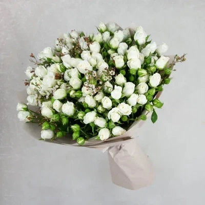 Белые кустовые розы и хамелациум (12 шт.)
