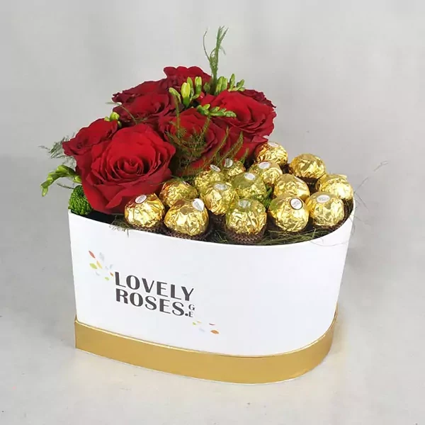 Roses and Ferrero in heart-shaped box